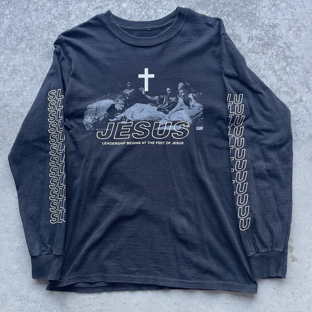 Vintage Jesus Leadership Longsleeve T-Shirt Men's Medium Black Art Tee